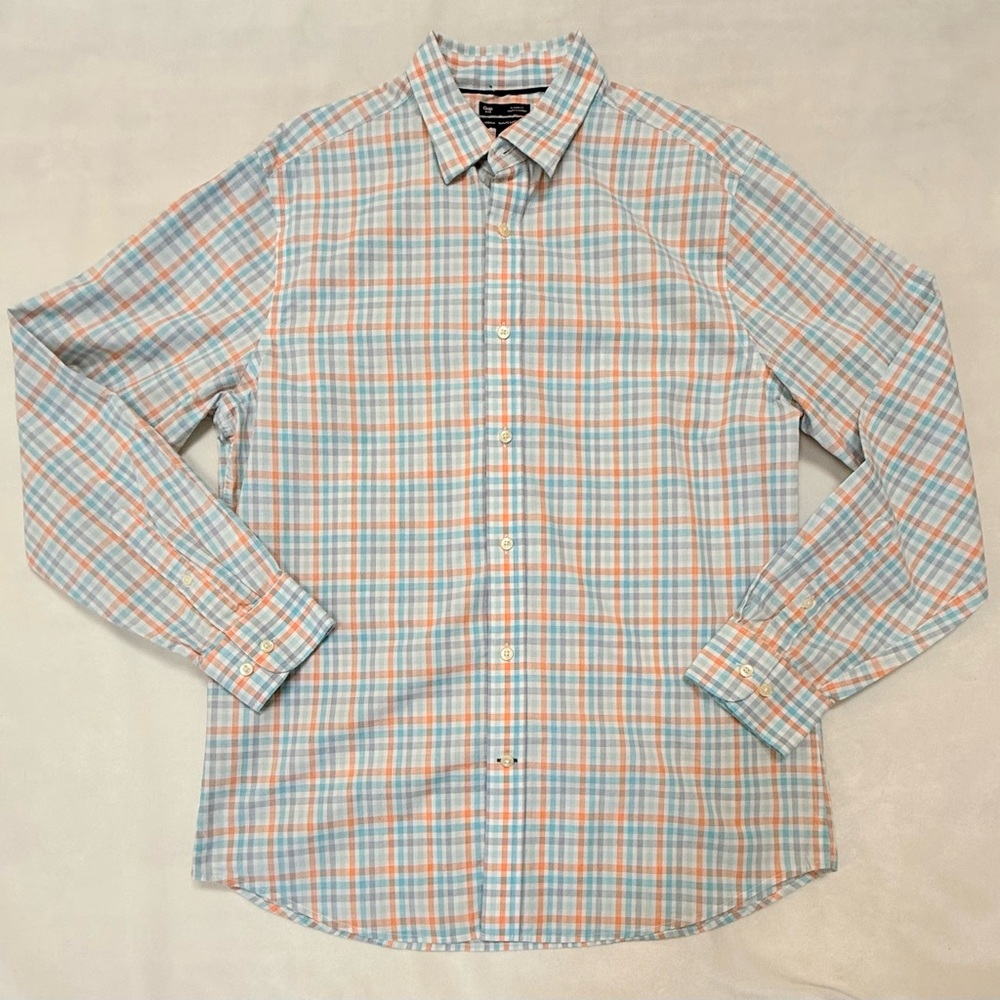 GAP Men's Long-Sleeve Plaid Button-Down Shirt - Light Blue & Orange
